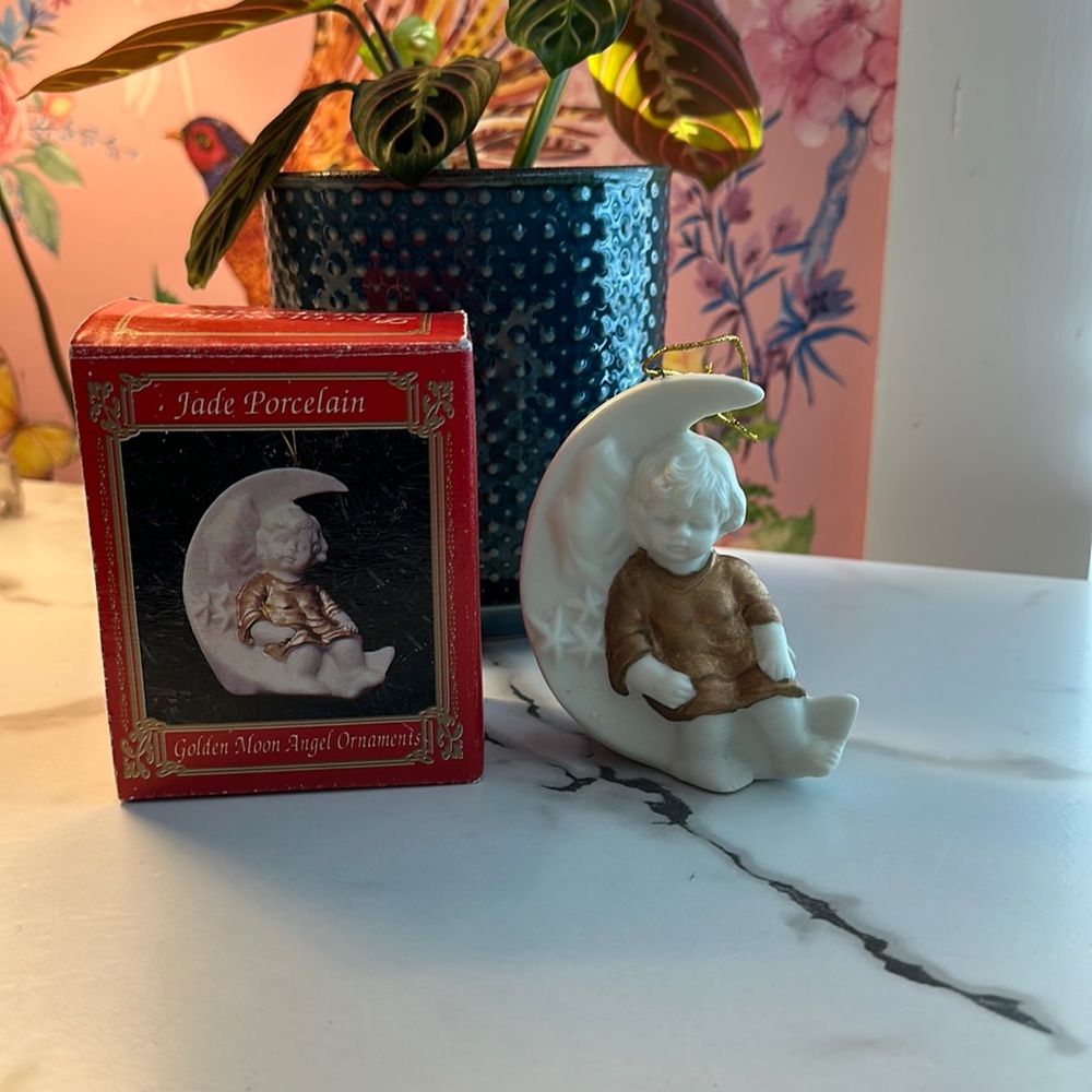 Vintage Lincolnshire Porcelain Moon with Angel Christmas Ornament w/ gold trim